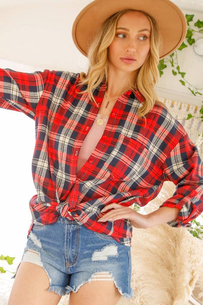 Red Plaid Collared Button Front Shirt ❤️