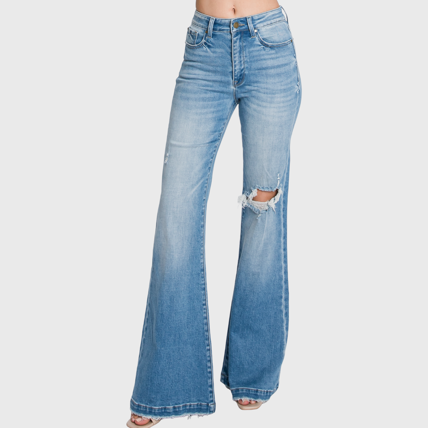 Long Distressed Super High Rise Flare Jean