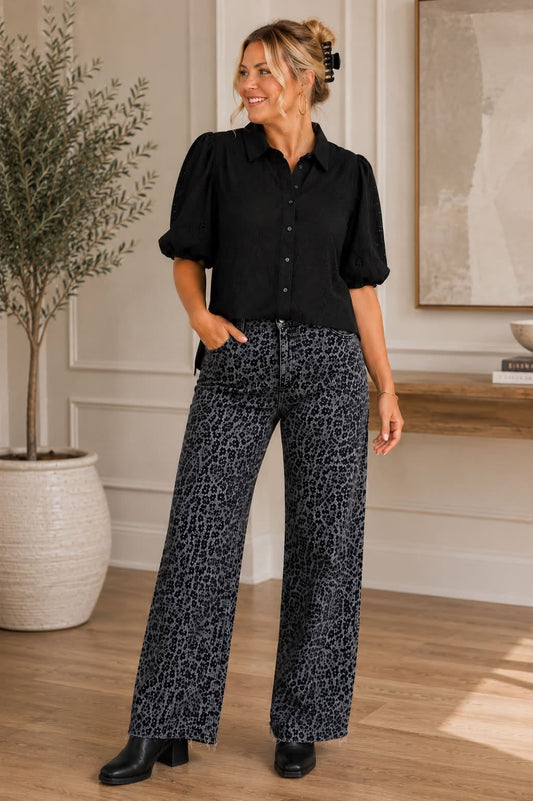 Grey Leopard Stretch Denim Wide Leg Jeans