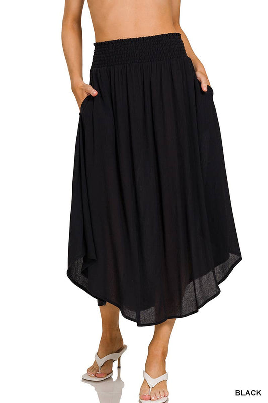 Smocked Waist Side Slit Maxi with Pockets