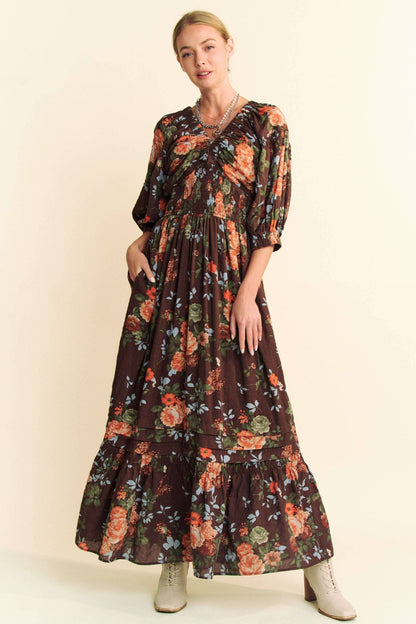 Floral Printed Smocked Waist Maxi Dress