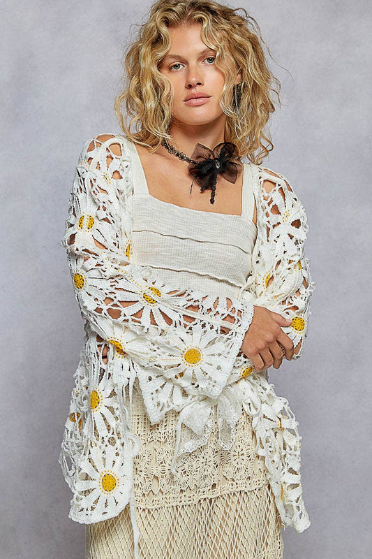 Daisy Crochet V-Neck Tie-Front Cardigan