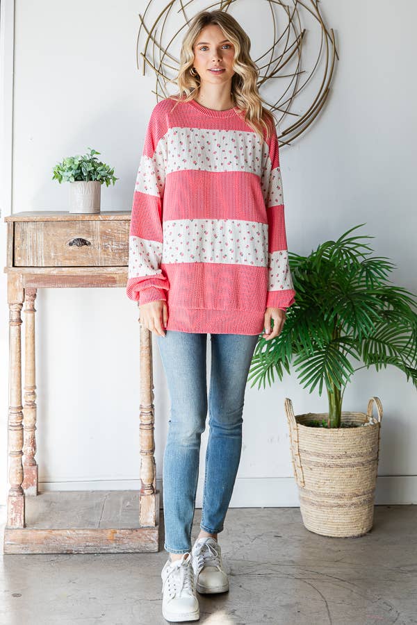 Floral Rib Drop Shoulder Pullover – Coral & Cream