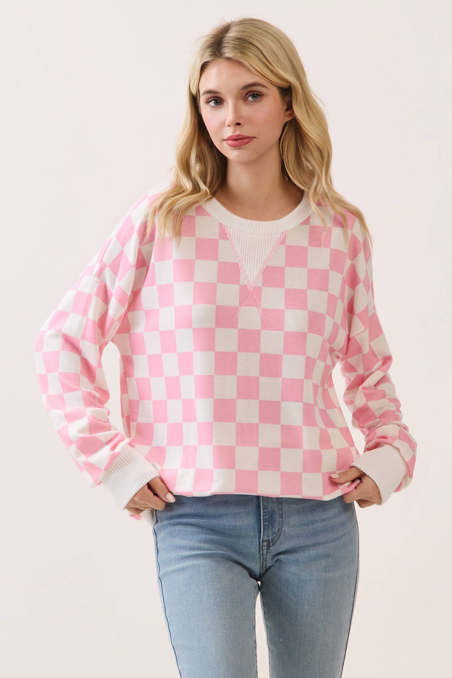 Checkered Print Drop Shoulder Pullover – Pink & White