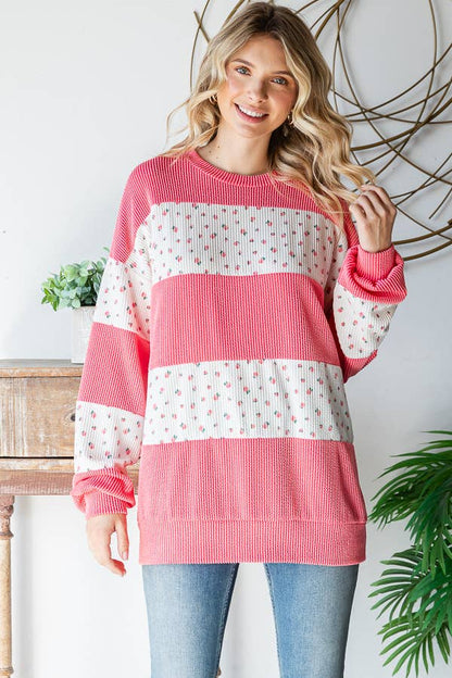 Floral Rib Drop Shoulder Pullover – Coral & Cream