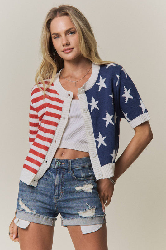 American Flag Button Front Knit Sweater Top