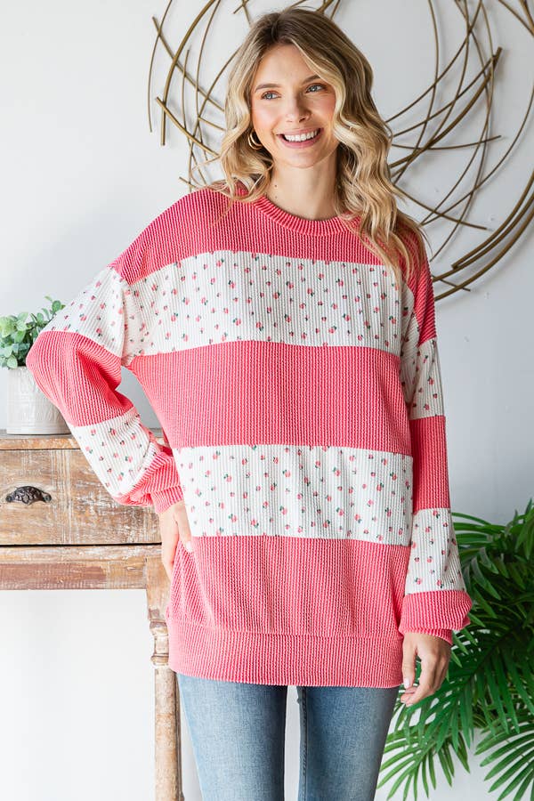 Floral Rib Drop Shoulder Pullover – Coral & Cream