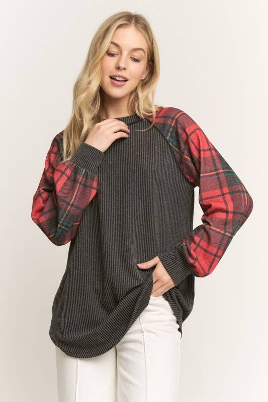 Grey Urban Ribbed Top with Red Plaid Contrast Sleeve 🩶❤️