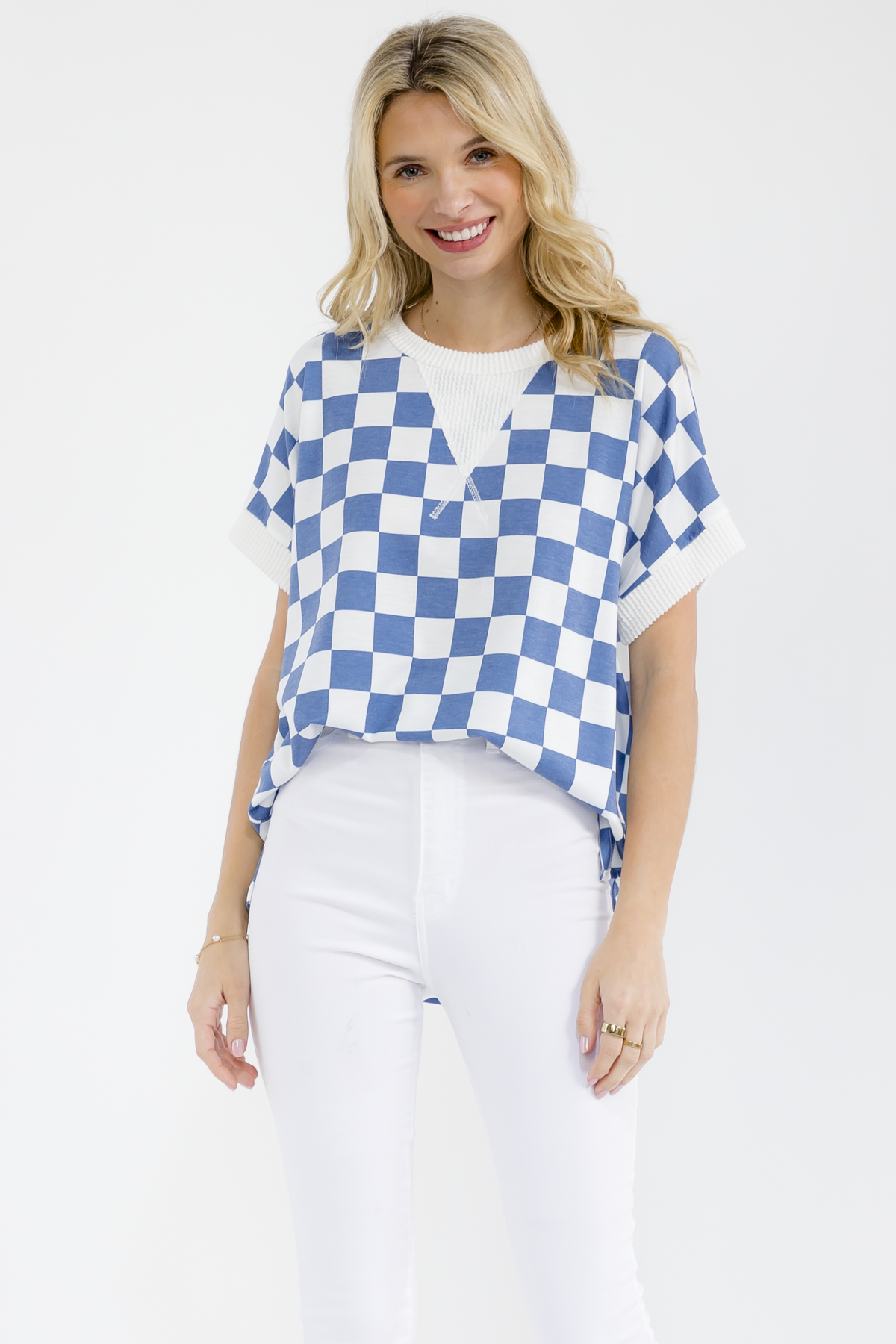 Checkerboard Split V-Neck Casual Top