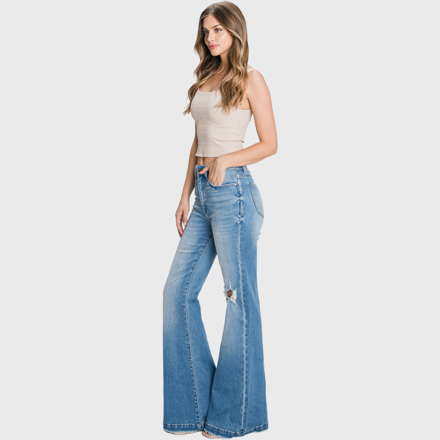 Long Distressed Super High Rise Flare Jean