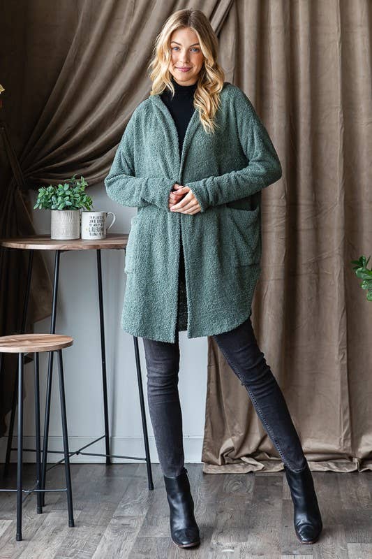 LONG SLEEVE SOLID COZY KNIT HOODIE CARDIGAN