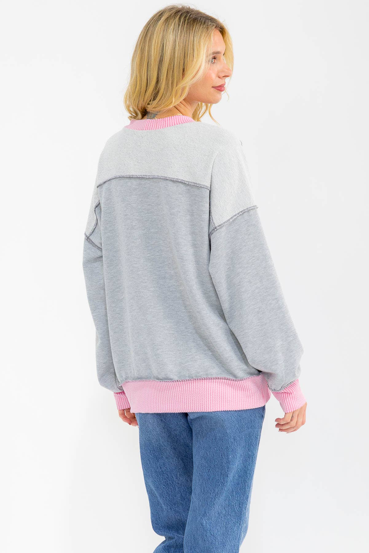 Contrast Trim Exposed Seam Sweatshirt – Pink & Grey