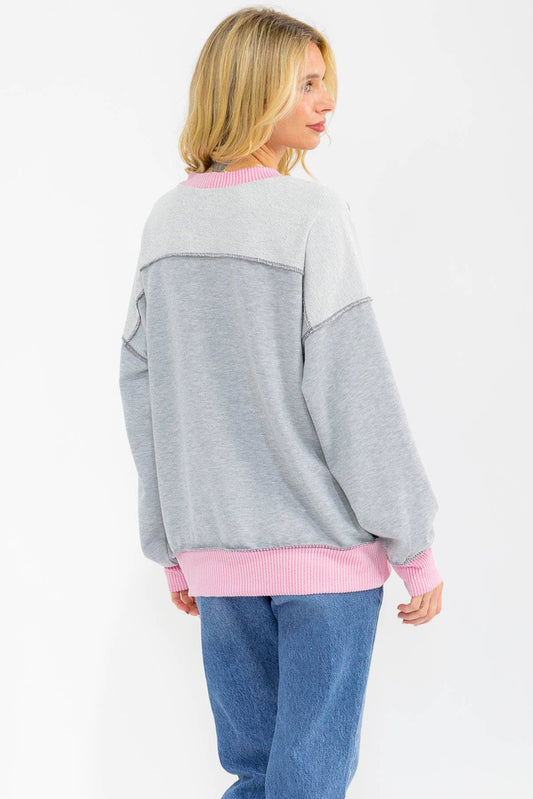 Contrast Trim Exposed Seam Sweatshirt – Pink & Grey
