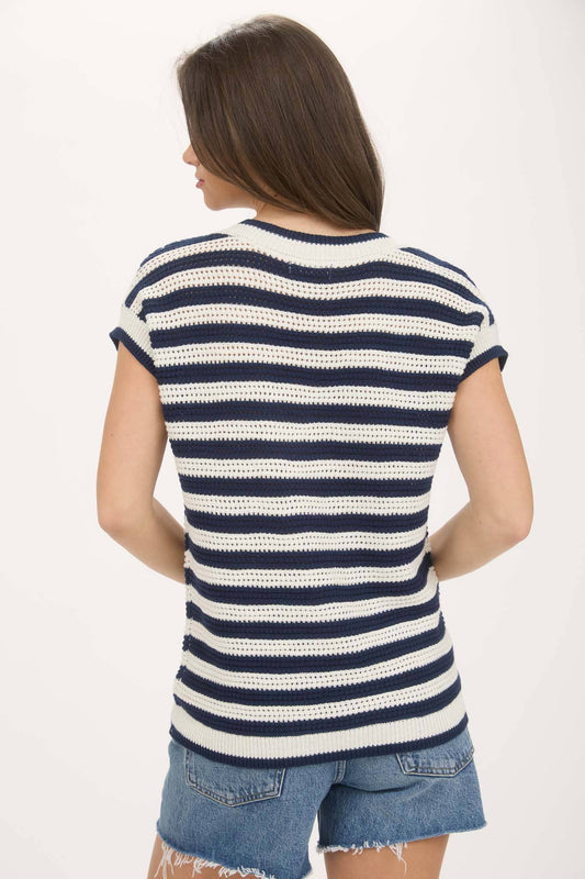 Stripe V-Neck Crochet Knit Sweater