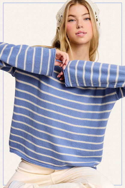 Striped Round Neck Loose Fit Long Sleeve Sweater