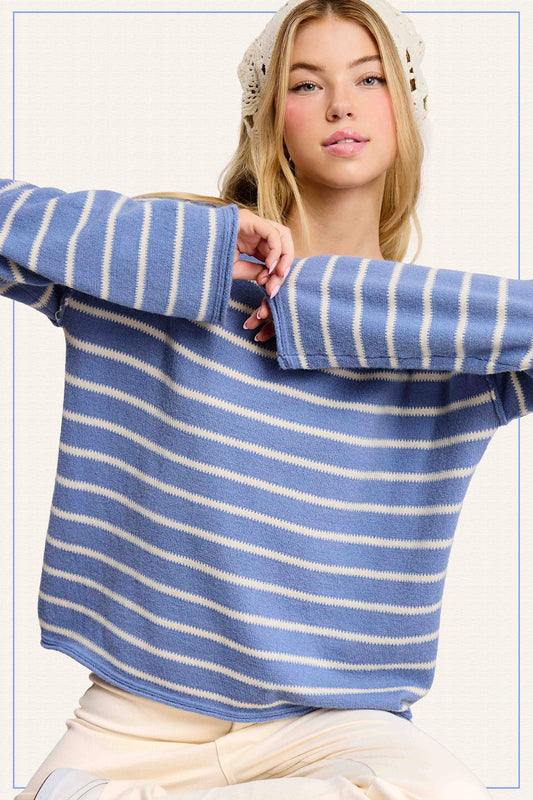 Striped Round Neck Loose Fit Long Sleeve Sweater