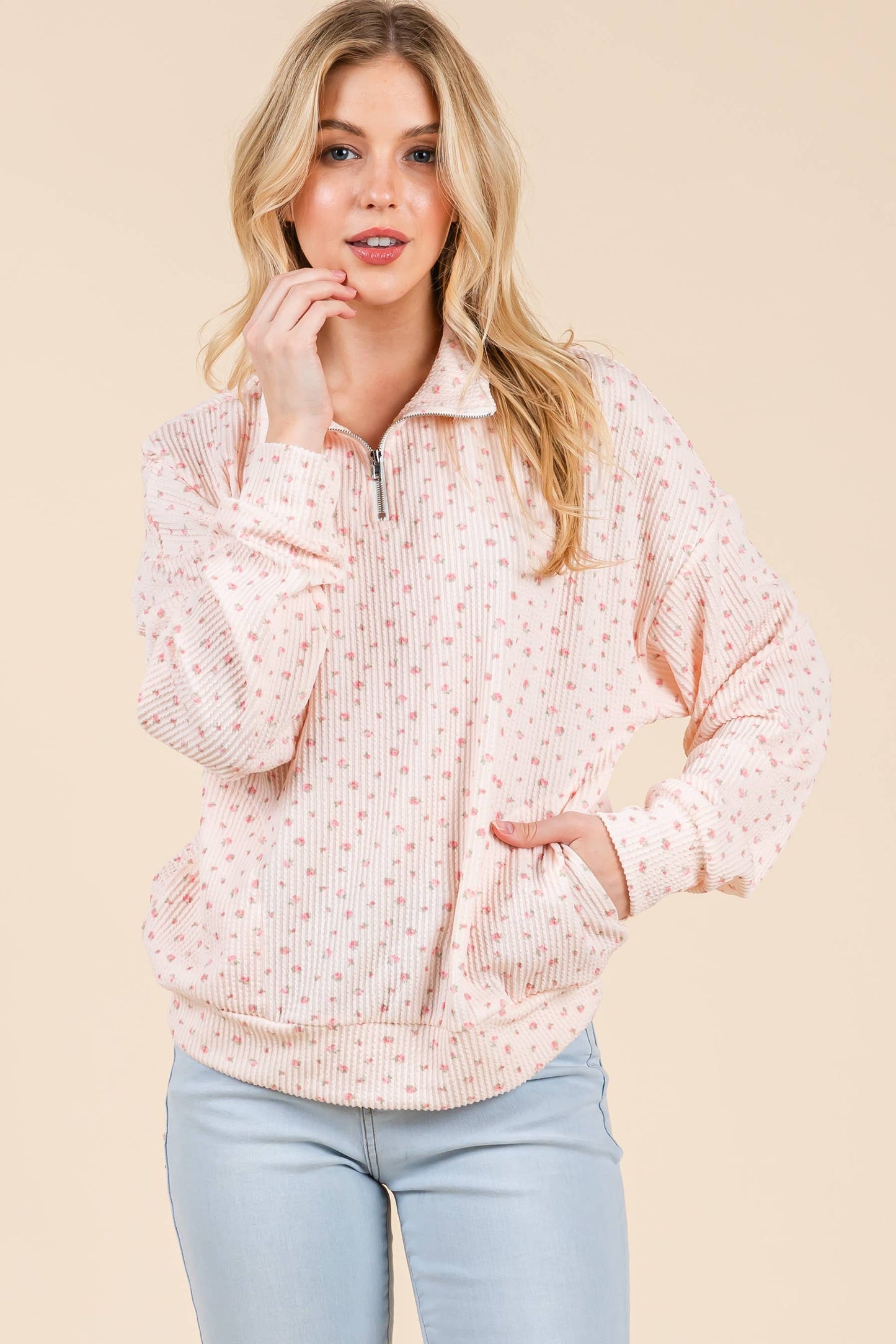 Floral Ribbed Quarter Zip