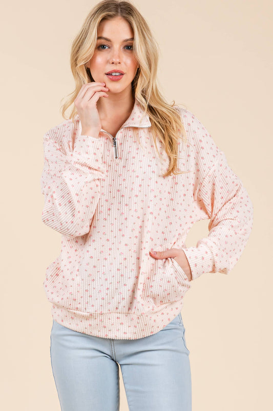 Floral Ribbed Quarter Zip