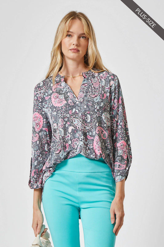 Curvy 3/4 Sleeve Paisley Wrinkle-Free Blouse