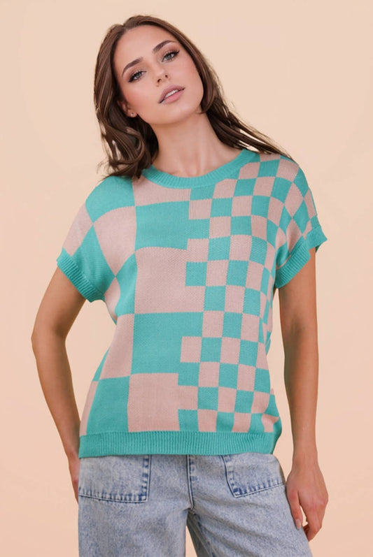 Dolman Sleeve Checkered Sweater Top