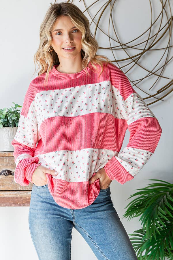 Floral Rib Drop Shoulder Pullover – Coral & Cream