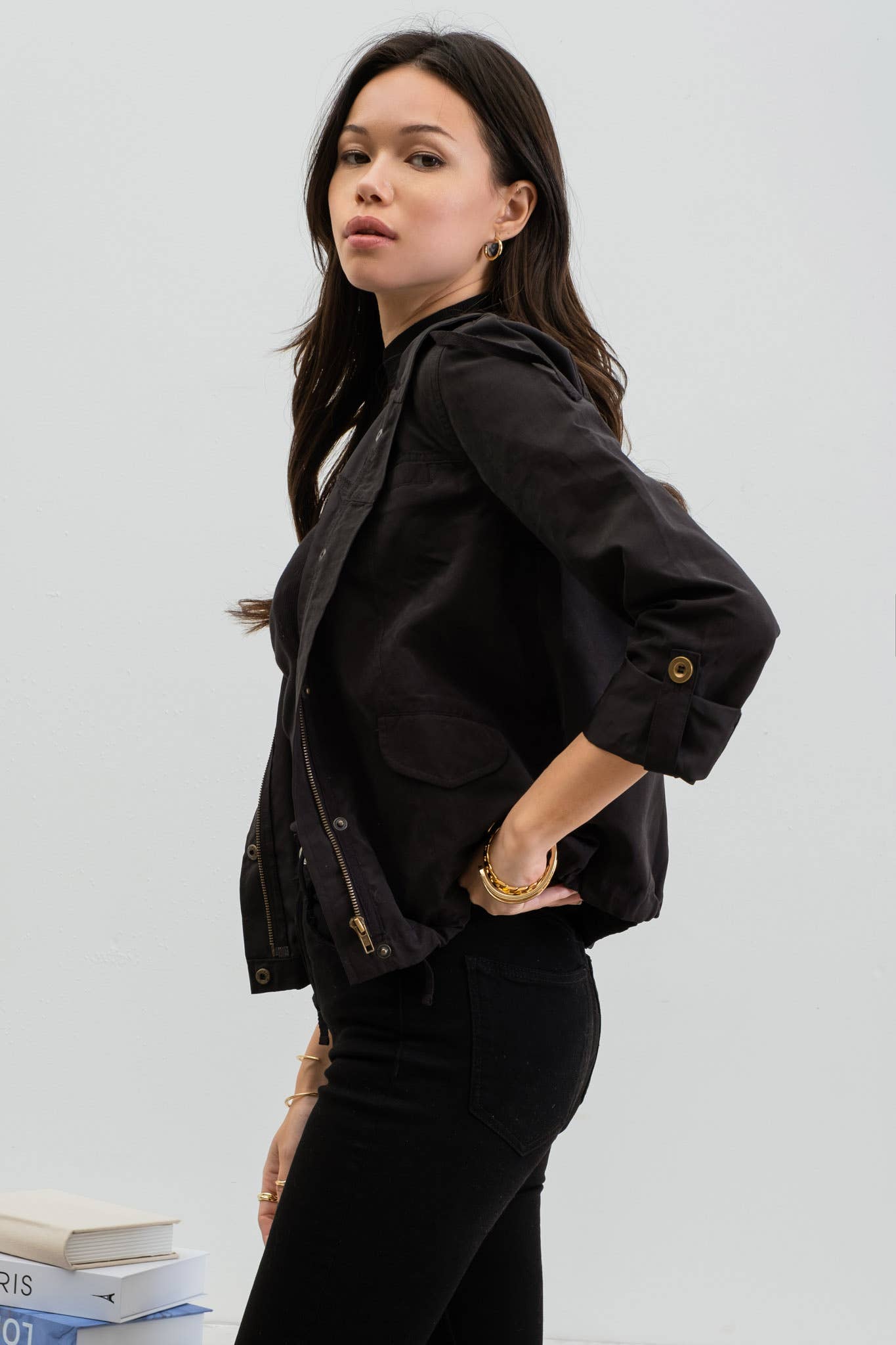 Zipper Front Hooded Jacket with Snap Buttons