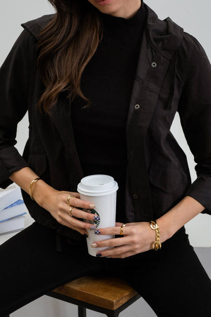 Zipper Front Hooded Jacket with Snap Buttons