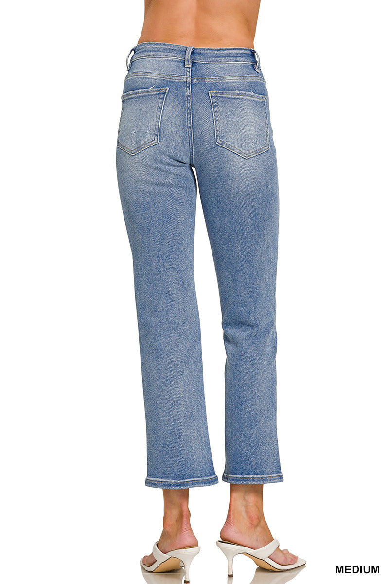 Medium Wash Cropped Straight Leg Denim Jeans
