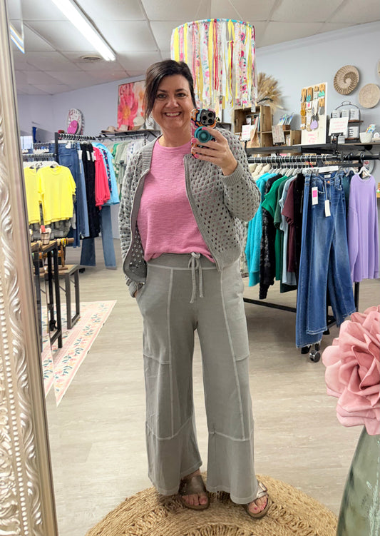 FRENCH TERRY WASHED EXPOSED-SEAM WIDE LEG PANTS