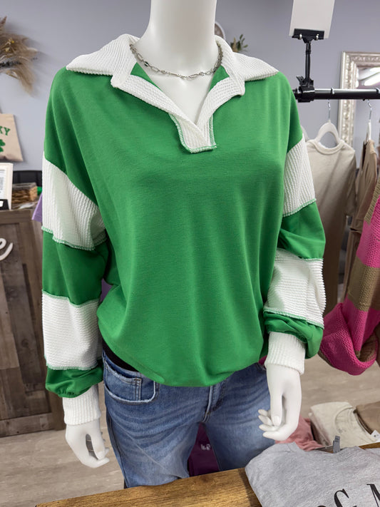 Green and White Striped Collar Shirt