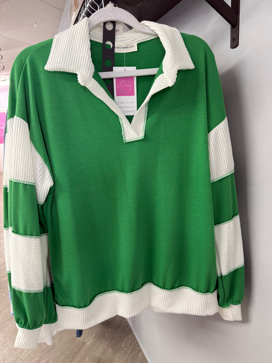 Green and White Striped Collar Shirt