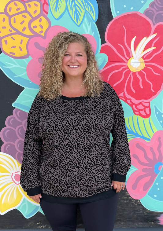 Curvy Drop Shoulder Flocked Leopard Top