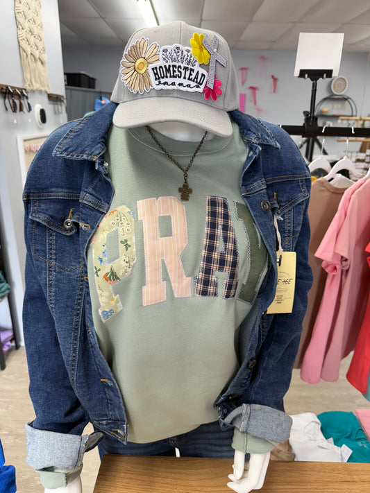 Sage Pray Christian Faith Sweatshirt – Handmade Applique Embroidery