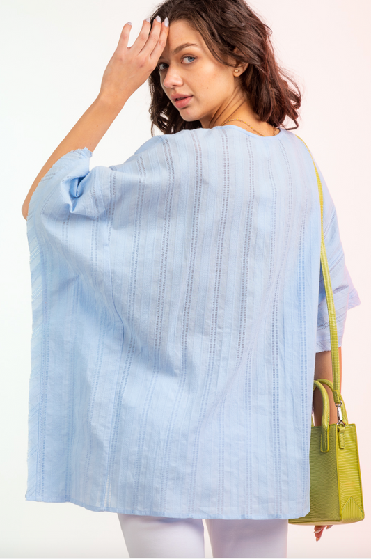 Half Sleeve Open Weave Stripe V Neck Caftan Top