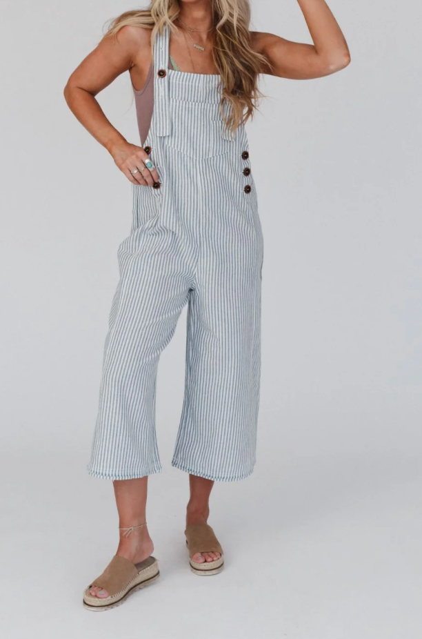Blue Striped Twill Washed Overalls
