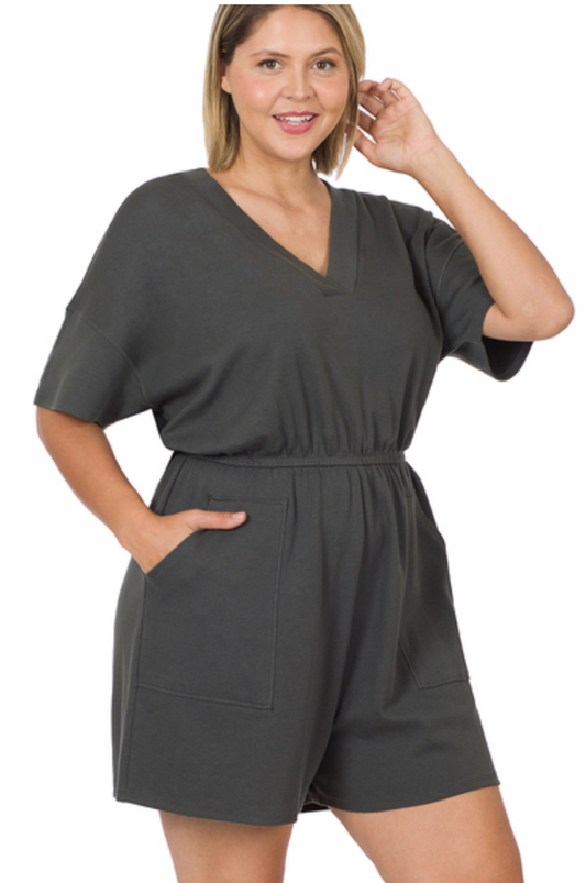 CURVY DROP SHOULDER V-NECK ROMPER WITH POCKETS