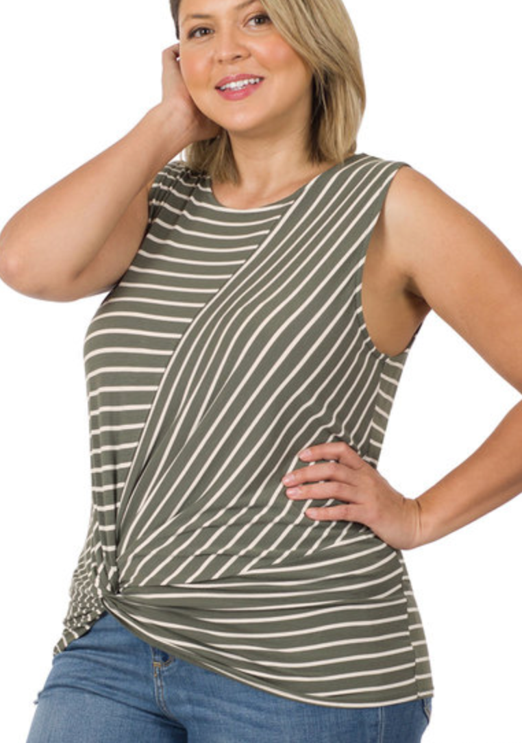 CURVY STRIPED KNOT-FRONT SLEEVELESS TOP
