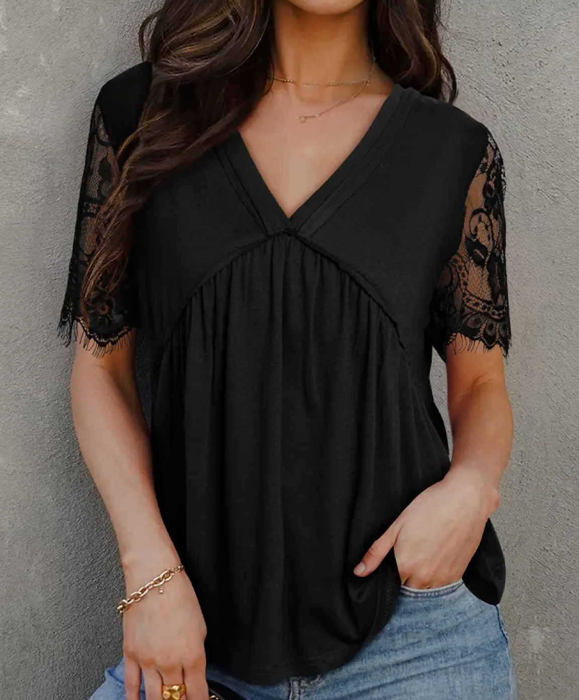 Eyelash Lace Sleeve V Neck Ruffle Babydoll Top