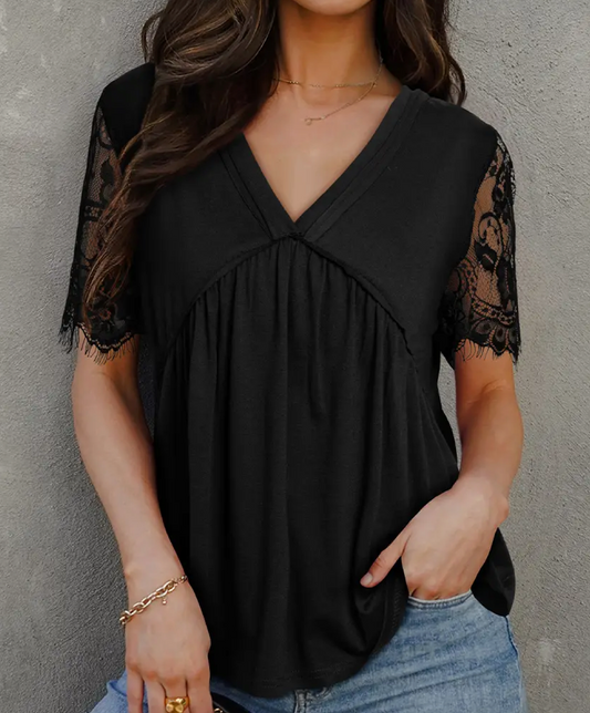 Eyelash Lace Sleeve V Neck Ruffle Babydoll Top