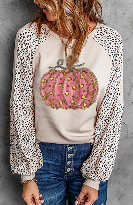Pumpkin Graphic Leopard Sleeve Top