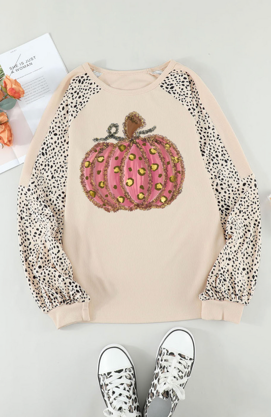 Pumpkin Graphic Leopard Sleeve Top