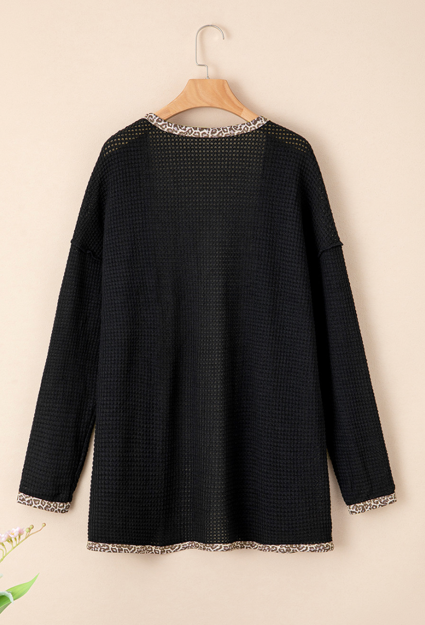 Black Waffle Knit Leopard Contrast Cardigan