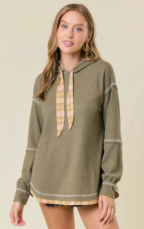 Waffle Knit Hoodie with Plaid Detail