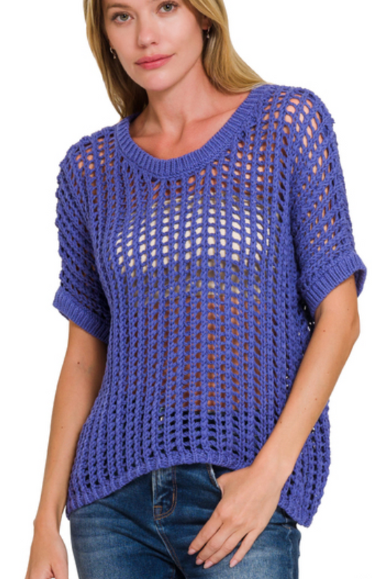 Fish Net Short Sleeve Crochet Sweater