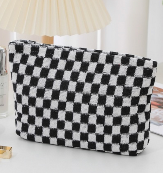 Checkered Cosmetic Makeup Pouch Clutch Bag
