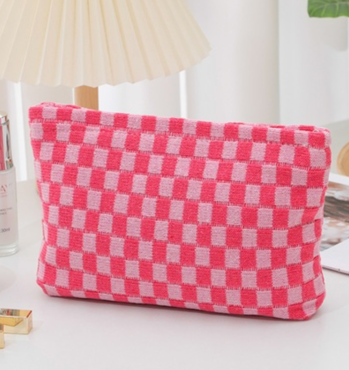 Checkered Cosmetic Makeup Pouch Clutch Bag