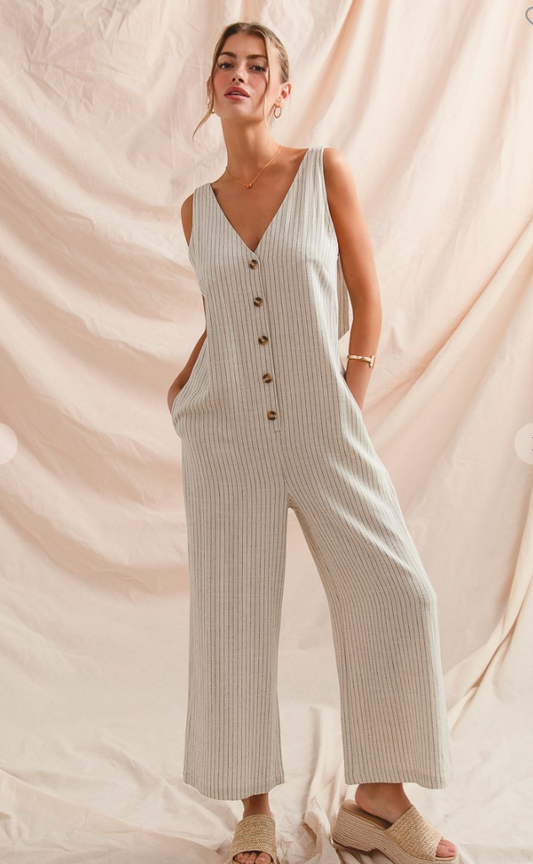 Button Front Stripe Linen Blend Jumpsuit Overalls
