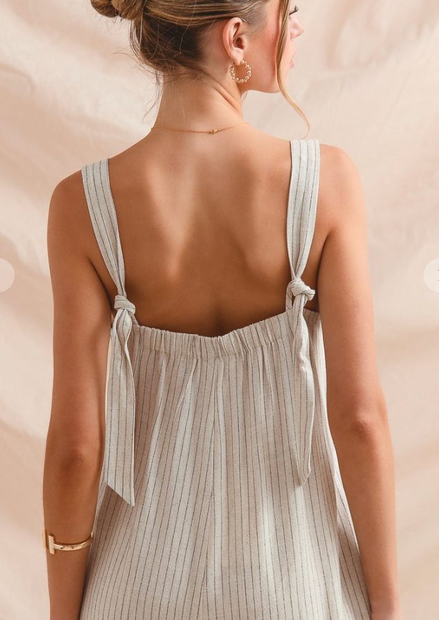 Button Front Stripe Linen Blend Jumpsuit Overalls