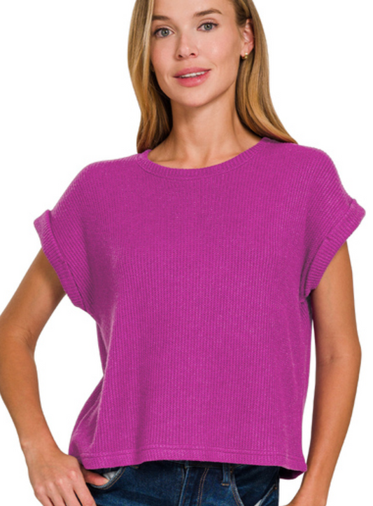 Short Sleeve Crew Neck Lightweight Sweater