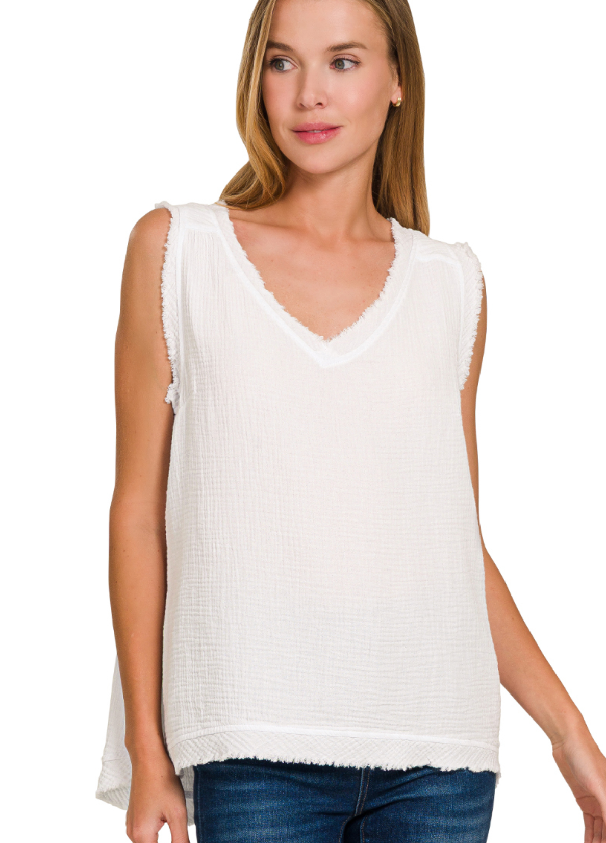 Double Gauze Raw Edge V-Neck Tank Top